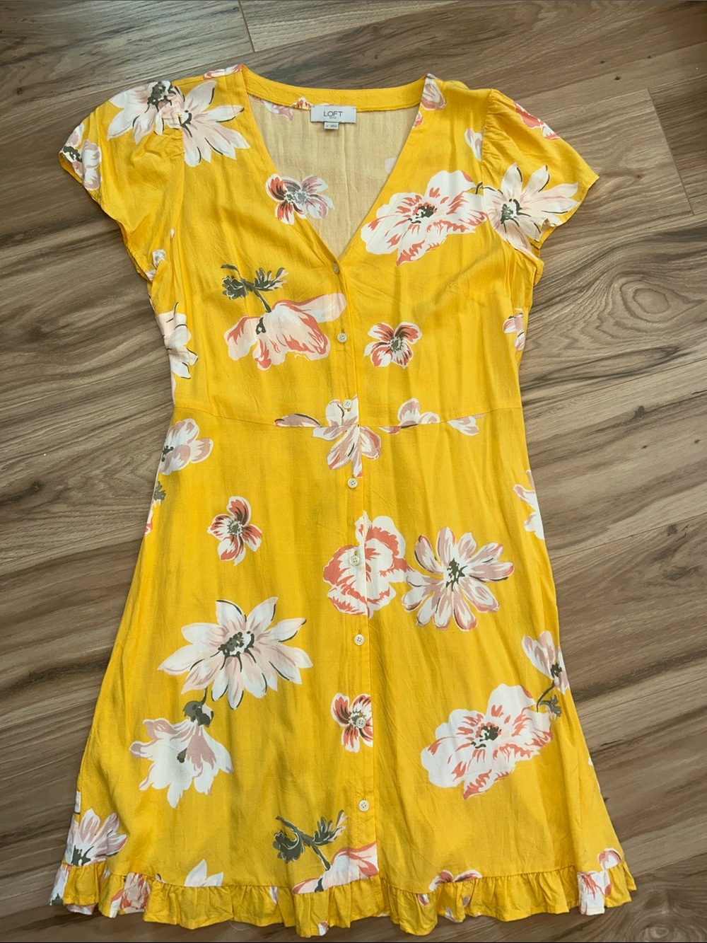 LOFT Yellow Floral V-Neck Button Dress with Ruffle Hem